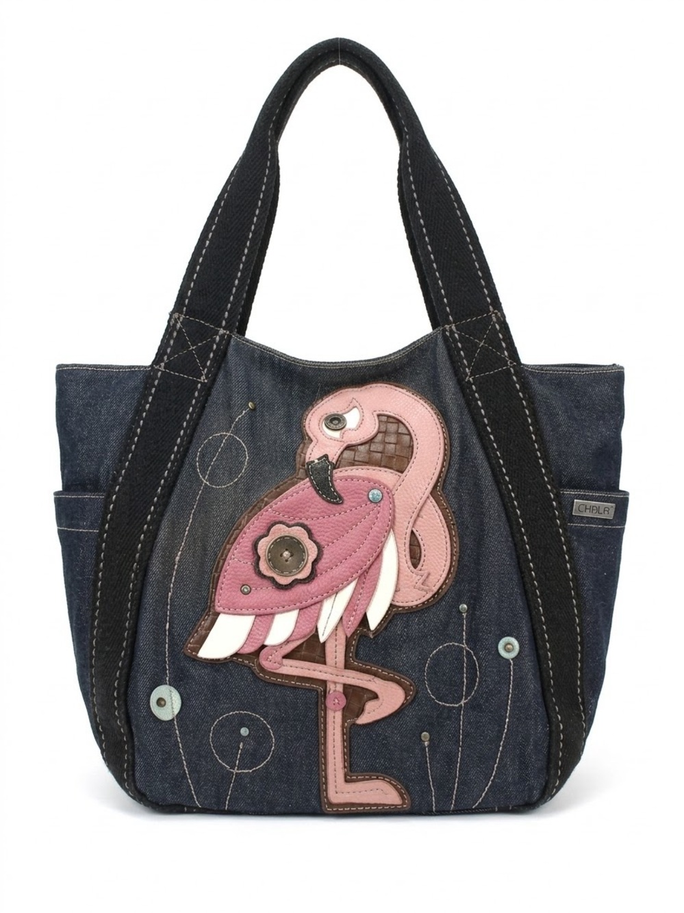 Chala Extra Large Blue Denim Tote Pink Flamingo Purse 17” x 12”